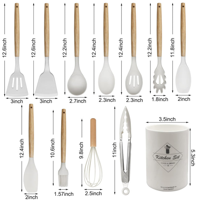 Kitchen Utensil Set - Silicone Spatula Set - Cooking Utensils with Holder - Wooden Spoons - Non-Stick - Pan Scrapers - Heat Resistant - Whisk - Serving Tongs - Baking Utensils - Kitchen Starter Kit - Scratch-Free - White - 12 Pieces