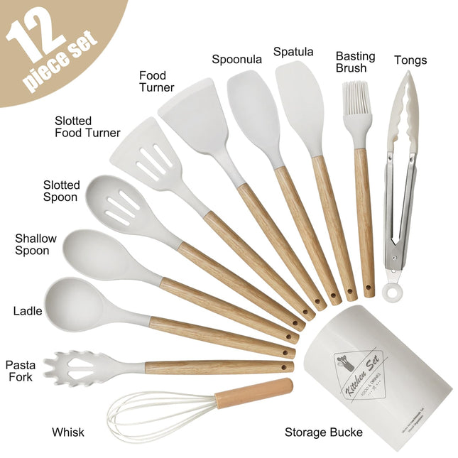 Kitchen Utensil Set - Silicone Spatula Set - Cooking Utensils with Holder - Wooden Spoons - Non-Stick - Pan Scrapers - Heat Resistant - Whisk - Serving Tongs - Baking Utensils - Kitchen Starter Kit - Scratch-Free - White - 12 Pieces