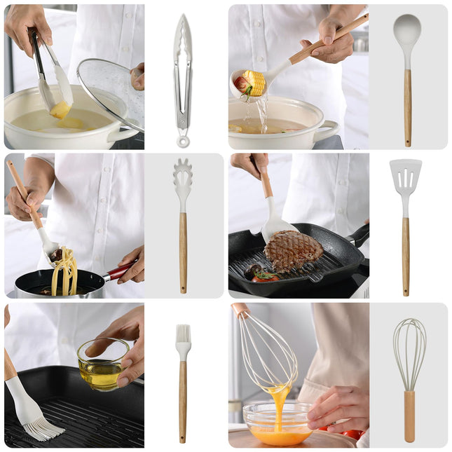Kitchen Utensil Set - Silicone Spatula Set - Cooking Utensils with Holder - Wooden Spoons - Non-Stick - Pan Scrapers - Heat Resistant - Whisk - Serving Tongs - Baking Utensils - Kitchen Starter Kit - Scratch-Free - White - 12 Pieces
