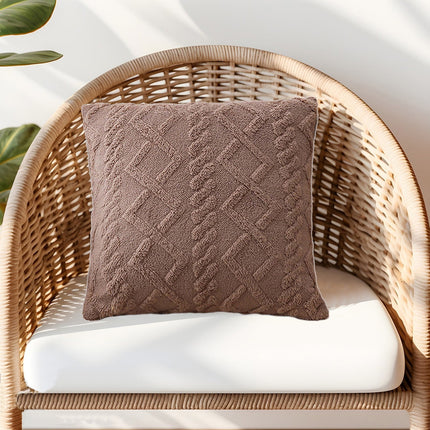 Summer Throw Pillows, Geometric Jacquard Plush Throw Pillow for Couch Bed Sofa, Farmhouse Neutral Solid Color Soft Cushion, Plush Short Wool Throw Pillow, for Living Room Bedroom Bed, 1Pc Brown