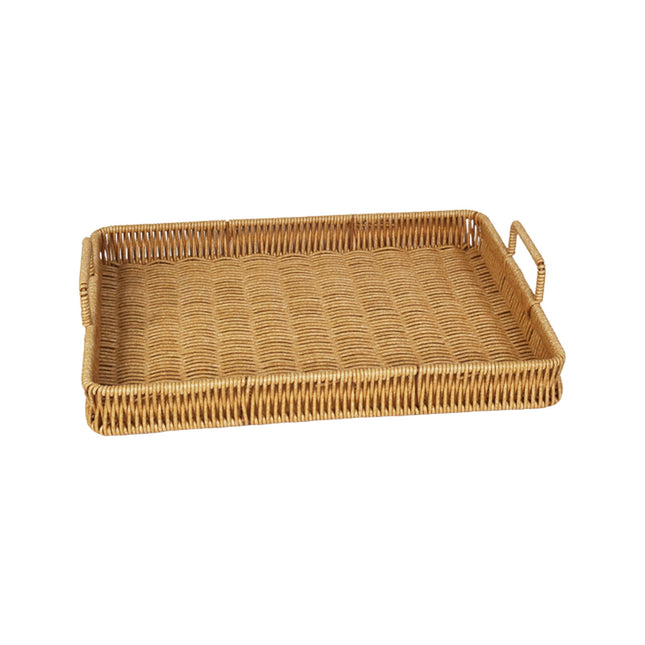 Woven Serving Tray with Handles, Handmade Poly Wicker Tray for Storage Breakfast, Drinks, Fruits, Rectangular Basket Organizer Platters, for Coffee Table Centerpiece Decor Brown,L