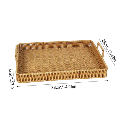 Woven Serving Tray with Handles, Handmade Poly Wicker Tray for Storage Breakfast, Drinks, Fruits, Rectangular Basket Organizer Platters, for Coffee Table Centerpiece Decor Brown,L