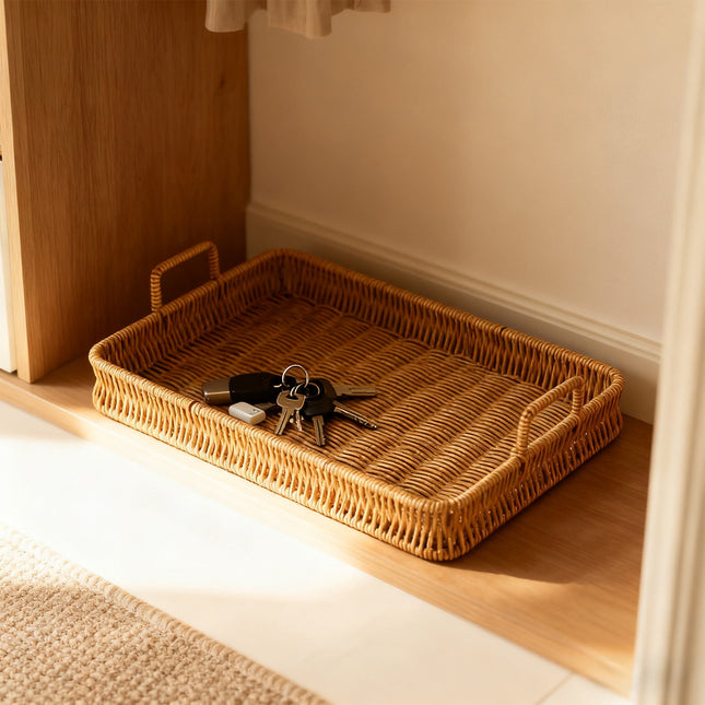 Woven Serving Tray with Handles, Handmade Poly Wicker Tray for Storage Breakfast, Drinks, Fruits, Rectangular Basket Organizer Platters, for Coffee Table Centerpiece Decor Brown,L