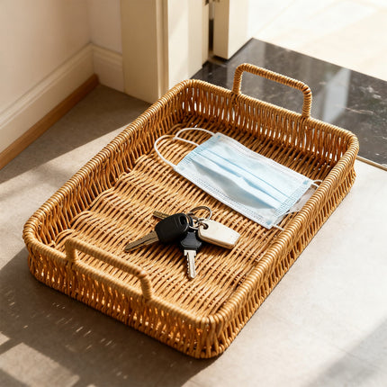 Woven Serving Tray with Handles, Handmade Poly Wicker Tray for Storage Breakfast, Drinks, Fruits, Rectangular Basket Organizer Platters, for Coffee Table Centerpiece Decor Brown,L