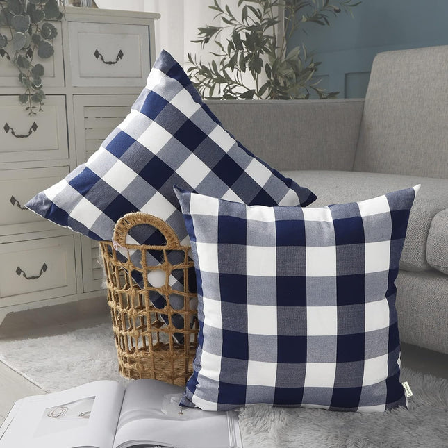 Light Blue Farmhouse Buffalo Plaid Pillow Covers 18x18 Set of 2 Patio Outdoor Decor Neutral Checkered Pillow Covers 18 x 18, Blue and White Gingham Plaid Check 18"x18", Set of 2 Khaki
