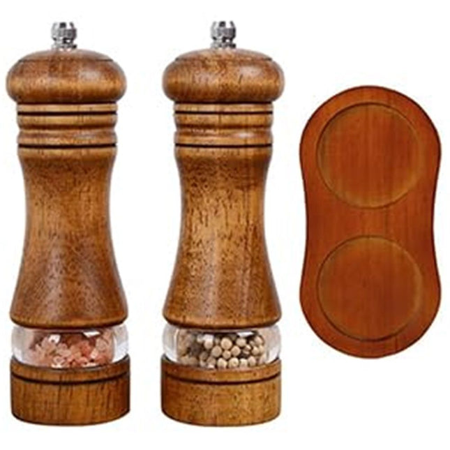 Salt and Pepper Grinder Set, 2Pcs Oak Pepper Grinder with Stand 6 Inches Adjustable Ceramic Grinder Wooden Pepper Mill Salt Grinder Kit Manual Mills（vintage color）