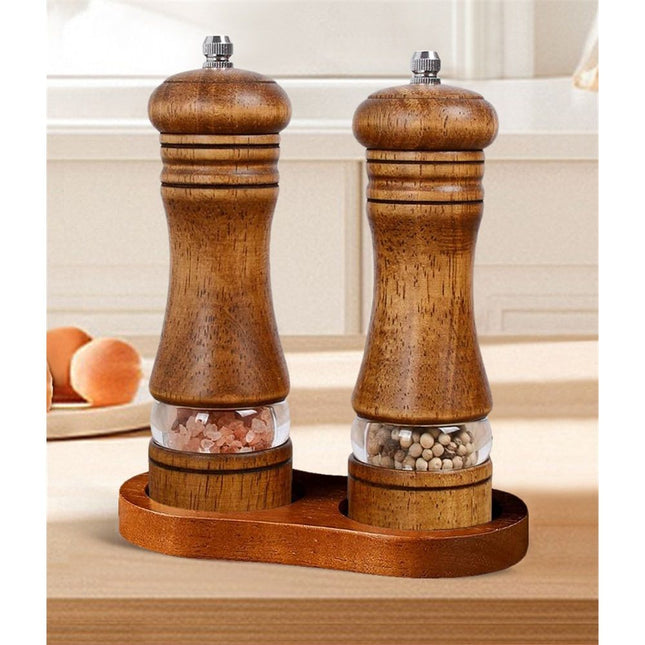 Salt and Pepper Grinder Set, 2Pcs Oak Pepper Grinder with Stand 6 Inches Adjustable Ceramic Grinder Wooden Pepper Mill Salt Grinder Kit Manual Mills（vintage color）