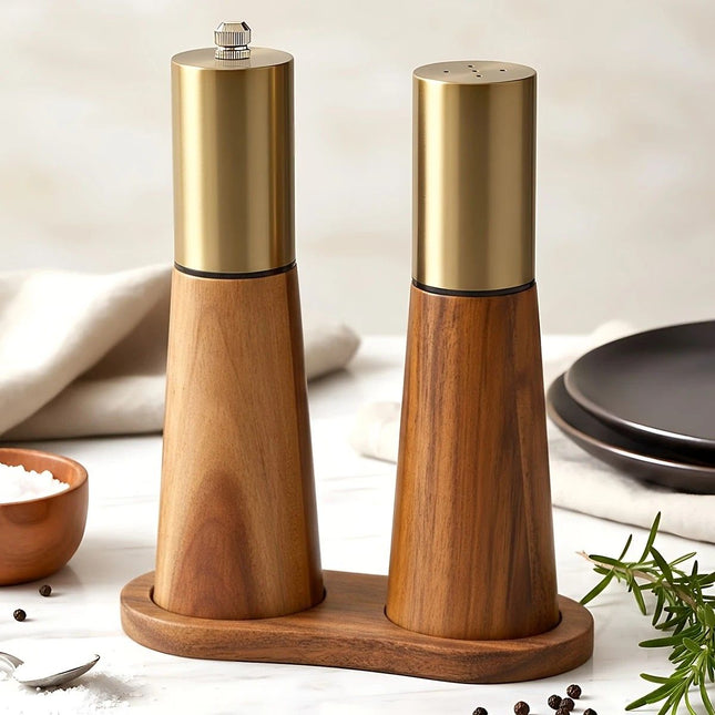 Salt and Pepper Grinder Set with Wooden Base Stainless Steel Manual Salt and Pepper Mills Adjustable Coarseness for Kitchen BBQ Picnic.golden