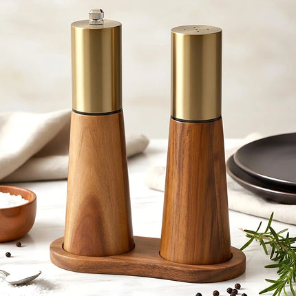 Salt and Pepper Grinder Set with Wooden Base Stainless Steel Manual Salt and Pepper Mills Adjustable Coarseness for Kitchen BBQ Picnic.(silver)