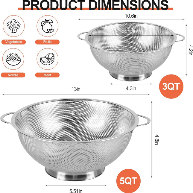 Colander Stainless Steel 3-Quart, Strainer for Kitchen Food, Dishwasher Safe