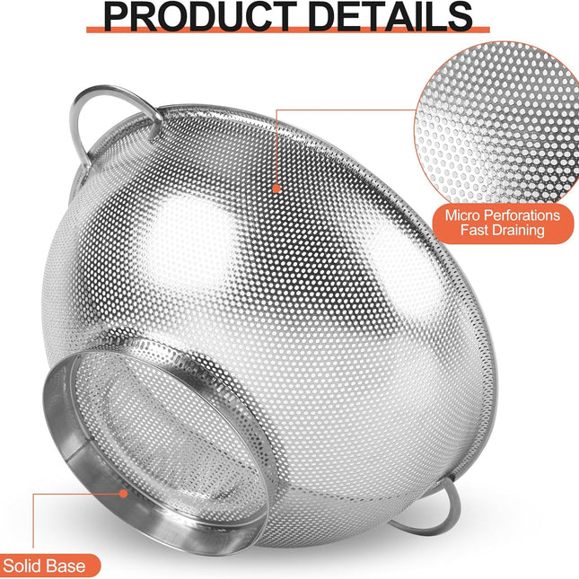 Colander Stainless Steel 3-Quart, Strainer for Kitchen Food, Dishwasher Safe