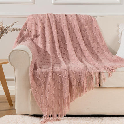 Pink Throw Blanket Diamond Pattern Indoor Outdoor Knitted Throws for Couch Sofa Chair Bed Home Decor 50"x60"