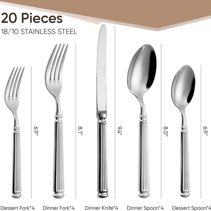 20 Pieces Silverware Set, Premium 18/10 Stainless Steel Flatware Set, Luxury Cutlery Set for 4, Dishwasher Safe for Home and Kitchen with Relief Patterns Handle, Party, Wedding, Silver