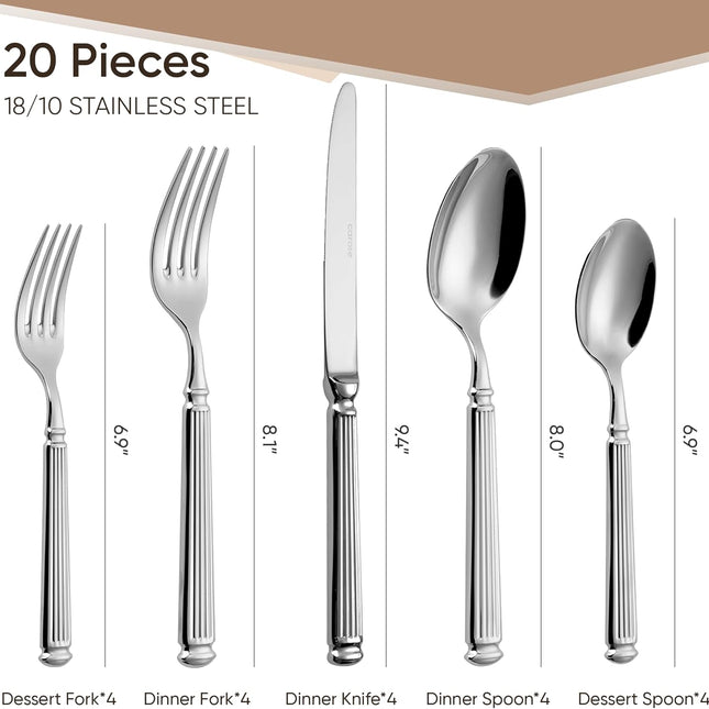 20 Pieces Silverware Set, Premium 18/10 Stainless Steel Flatware Set, Luxury Cutlery Set for 4, Dishwasher Safe for Home and Kitchen with Relief Patterns Handle, Party, Wedding, Silver