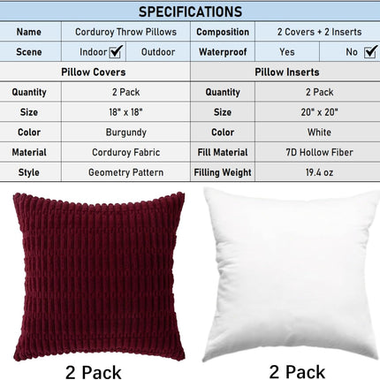 2 Pack Corduroy Decorative Throw Pillow with Inserts, 18x18 Inch Soft Boho Throw Pillow, Square Striped Throw Pillows for Couch, Bed, Sofa Decor (Burgundy)