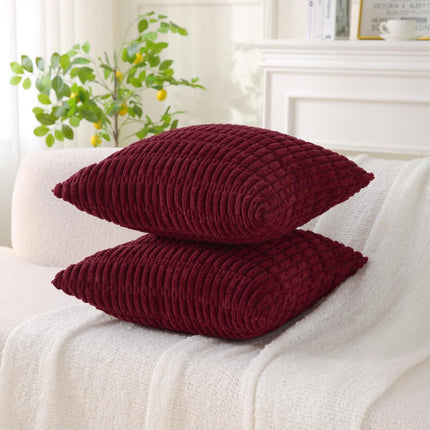 2 Pack Corduroy Decorative Throw Pillow with Inserts, 18x18 Inch Soft Boho Throw Pillow, Square Striped Throw Pillows for Couch, Bed, Sofa Decor (Burgundy)
