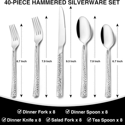 Hammered Silverware Set, 40-Piece Stainless Steel Square Flatware Set for 8, Food-Grade Tableware Cutlery Set, Utensil Sets for Home Restaurant, Mirror Finish, Dishwasher Safe