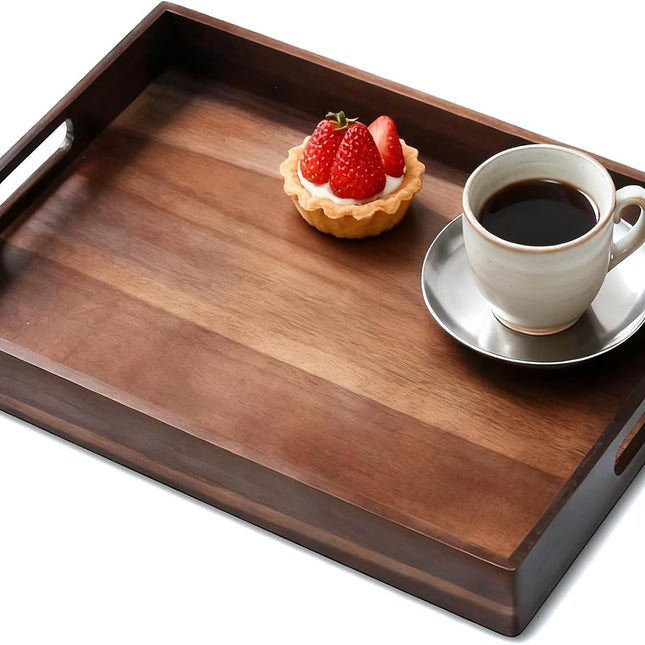 Acacia Wood Serving Tray with Handles, 17 Inch Wooden Tray for Ottoman, Breakfast, Lunch, Dinner, Decorative Rectangular Tray for Living Room, Kitchen Counter, Outdoor