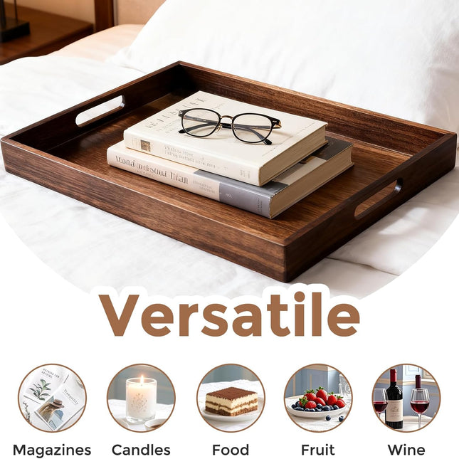 Acacia Wood Serving Tray with Handles, 17 Inch Wooden Tray for Ottoman, Breakfast, Lunch, Dinner, Decorative Rectangular Tray for Living Room, Kitchen Counter, Outdoor