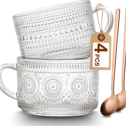 Vintage Coffee Mugs Set of 2, 14 oz Embossed Glass Cups with Handle, Clear Cups for Cappuccino, Latte, Cereal, Yogurt, Milk, Hot or Cold Beverages