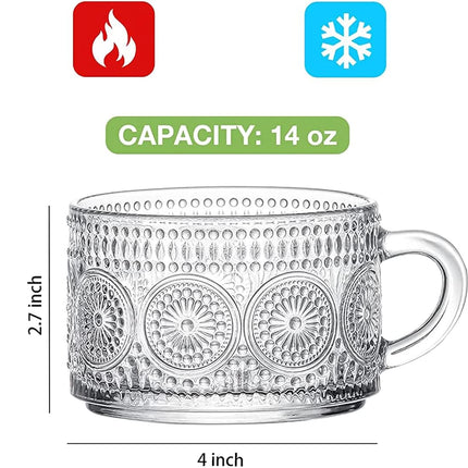 Vintage Coffee Mugs Set of 2, 14 oz Embossed Glass Cups with Handle, Clear Cups for Cappuccino, Latte, Cereal, Yogurt, Milk, Hot or Cold Beverages