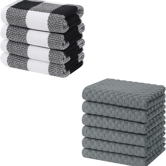 Homaxy 100% Cotton Waffle Weave Check Plaid Kitchen Towels, 13 x 28 Inches, Super Soft and Absorbent Dish Towels for Drying Dishes and Terry Kitchen Towels(15" x 25", 6 Pack, Dark Grey)