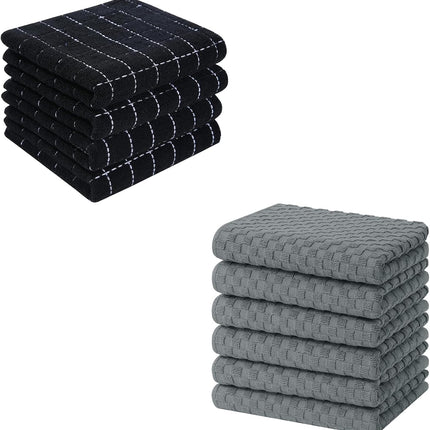 Homaxy 100% Cotton Terry Kitchen Towels(Black, 13 x 28 inches, 4 Pack), Checkered Designed, Soft and Super Absorbent Dish Towels and Terry Kitchen Towels(15" x 25", 6 Pack, Dark Grey)