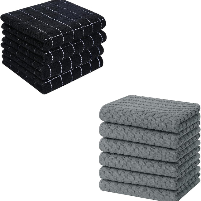 Homaxy 100% Cotton Terry Kitchen Towels(Black, 13 x 28 inches, 4 Pack), Checkered Designed, Soft and Super Absorbent Dish Towels and Terry Kitchen Towels(15" x 25", 6 Pack, Dark Grey)