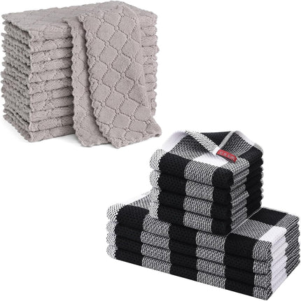 Homaxy 12 Pack Kitchen Dish Cloths (10 x 10 Inches, Grey) Kitchen Towels and Dishcloths Set, 12 x 12 and 13 x 28 Inches White & Black