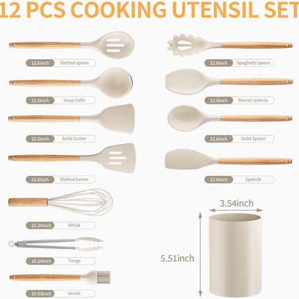 Silicone Cooking Utensil Set,12 PCS Cooking Cookware Kitchen Utensils Set for Cooking, Nonstick 446°F Heat-Resistant Cookware Kitchen Tools of Spoon,Brush,Whisk,Spatula,Turner Tongs (Khaki)