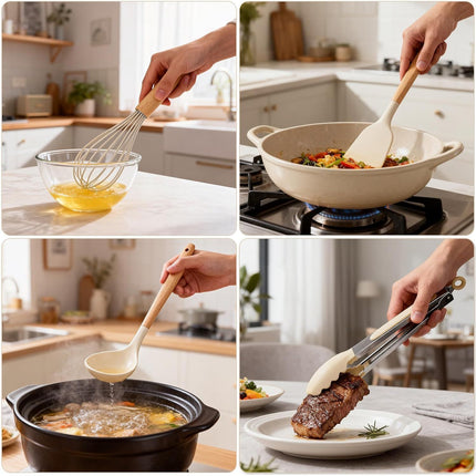 Silicone Cooking Utensil Set,12 PCS Cooking Cookware Kitchen Utensils Set for Cooking, Nonstick 446°F Heat-Resistant Cookware Kitchen Tools of Spoon,Brush,Whisk,Spatula,Turner Tongs (Khaki)