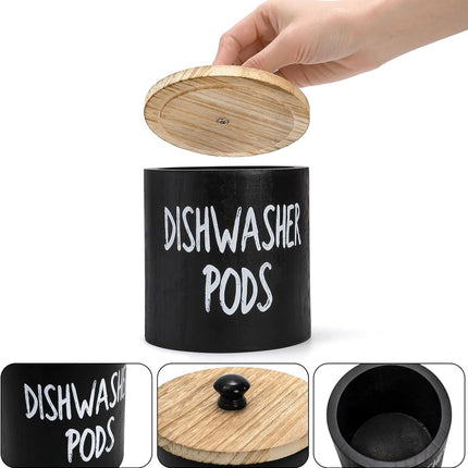 2 Pack Dishwasher Pod Container, Wood Tablet Holder with Lid, Round Laundry Pods Dispenser, Farmhouse Detergent Tin Organizer for Home Kitchen Cabinet Decor, Holds 25 pods