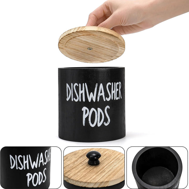 2 Pack Dishwasher Pod Container, Wood Tablet Holder with Lid, Round Laundry Pods Dispenser, Farmhouse Detergent Tin Organizer for Home Kitchen Cabinet Decor, Holds 25 pods