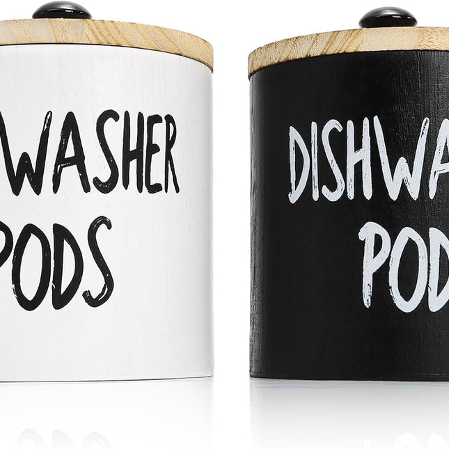 2 Pack Dishwasher Pod Container, Wood Tablet Holder with Lid, Round Laundry Pods Dispenser, Farmhouse Detergent Tin Organizer for Home Kitchen Cabinet Decor, Holds 25 pods