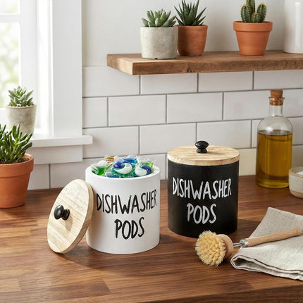 2 Pack Dishwasher Pod Container, Wood Tablet Holder with Lid, Round Laundry Pods Dispenser, Farmhouse Detergent Tin Organizer for Home Kitchen Cabinet Decor, Holds 25 pods