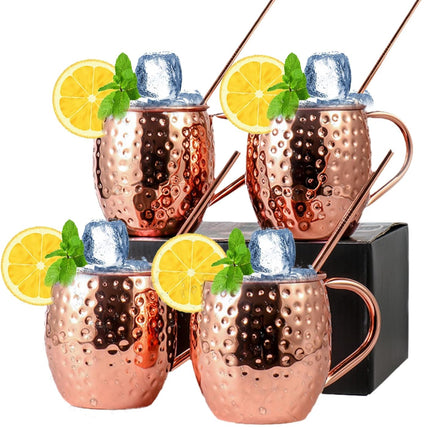 Moscow Mule Copper Mugs of 4 18-oz Pure Copper Plating Stainless Steel Drinking Cup with 4 Cocktail Copper Straws Great Dining Entertaining Bar Gift