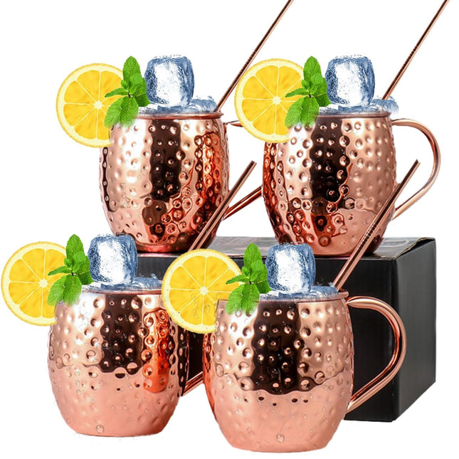 Moscow Mule Copper Mugs of 4 18-oz Pure Copper Plating Stainless Steel Drinking Cup with 4 Cocktail Copper Straws Great Dining Entertaining Bar Gift