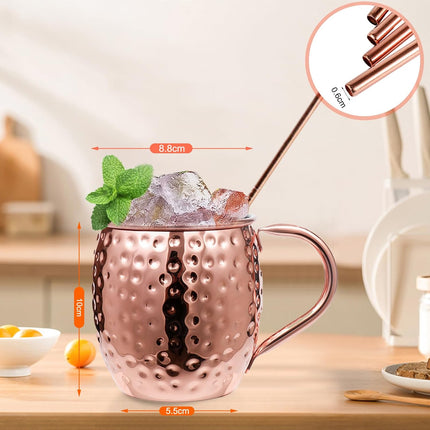 Moscow Mule Copper Mugs of 4 18-oz Pure Copper Plating Stainless Steel Drinking Cup with 4 Cocktail Copper Straws Great Dining Entertaining Bar Gift