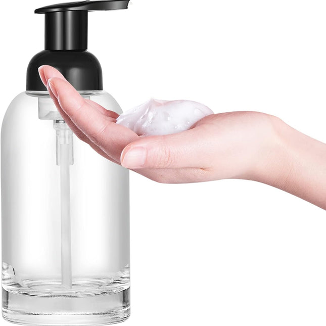 Hand soap bottle - Foam soap dispenser - Glass - Pump type - 375 ml dispenser - Clear bottle with black pump - For hand soap and body soap - 2-pack
