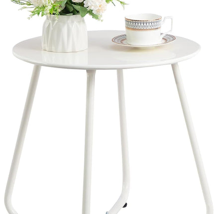 Metal Outdoor Side Table – Round Patio Table, Rust-Resistant Small End Coffee Table for Balcony, Garden, Porch, Living Room & Bedroom – Portable Accent Table for Indoor Outdoor Use, White