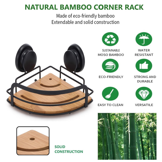 2 Pack Round Bamboo Corner Shower Caddy Shelf Basket Rack with Premium Vacuum Suction Cup No-Drilling for Bathroom and Kitchen