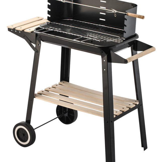 Charcoal Grill BBQ with Manual Rotisserie Stick on Trolley Stand