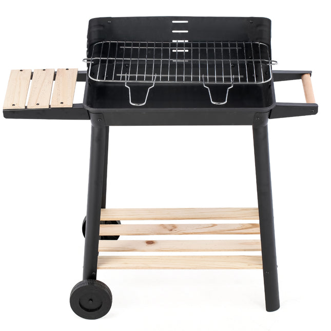 Charcoal Grill BBQ with Manual Rotisserie Stick on Trolley Stand