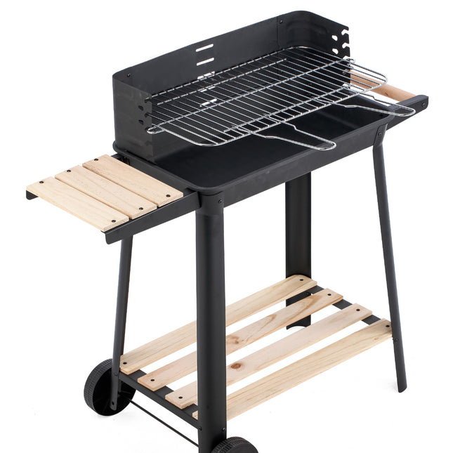 Charcoal Grill BBQ with Manual Rotisserie Stick on Trolley Stand
