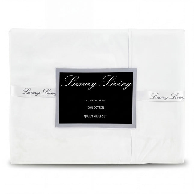 Laura Hill 750 Thread Count Pure Cotton Queen Bed Sheet Set 4 Piece Gift Pack - White