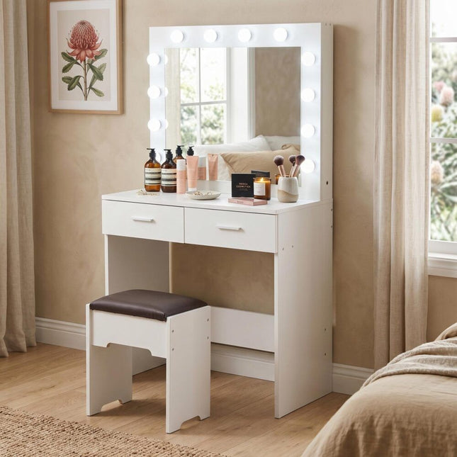 Fidel Vanity Set with Cushioned Stool and Lighted Mirror- White