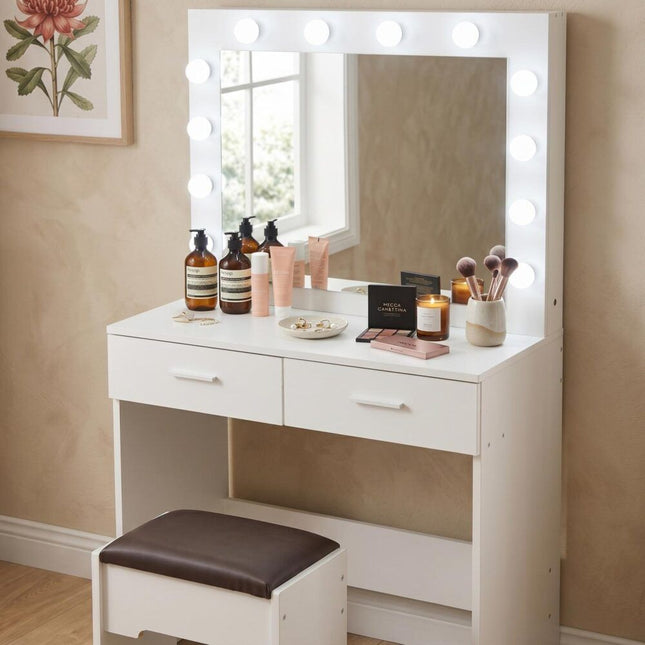 Fidel Vanity Set with Cushioned Stool and Lighted Mirror- White