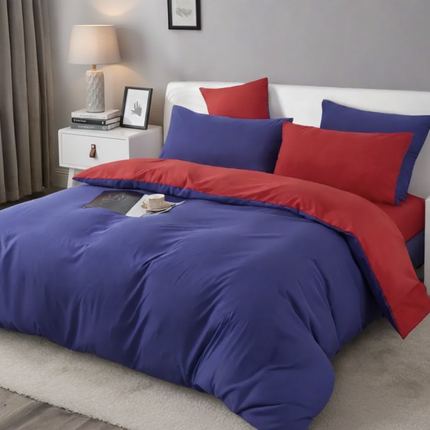 1000TC Reversible Queen Size Blue and Red Duvet Quilt Cover Set