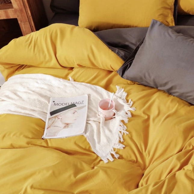1000TC Reversible Queen Size Yellow and Grey Duvet Quilt Cover Set