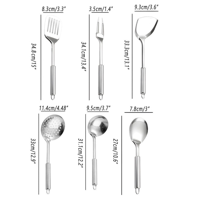 6PCS Stainless Steel Kitchen Utensil Set with Frying Spatula Colander and Spoon